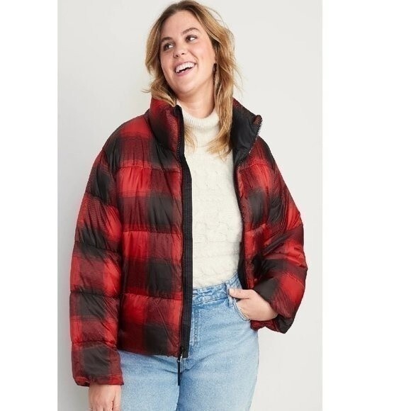 New Old Navy Water-Resistant Frost Free Short Puffer Jacket Red Plaid‌‌‌ - Picture 1 of 8